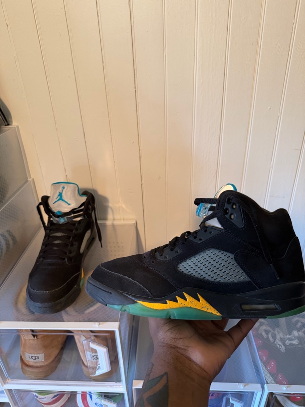 Black and Teal High-Top Sneakers with Yellow Accent